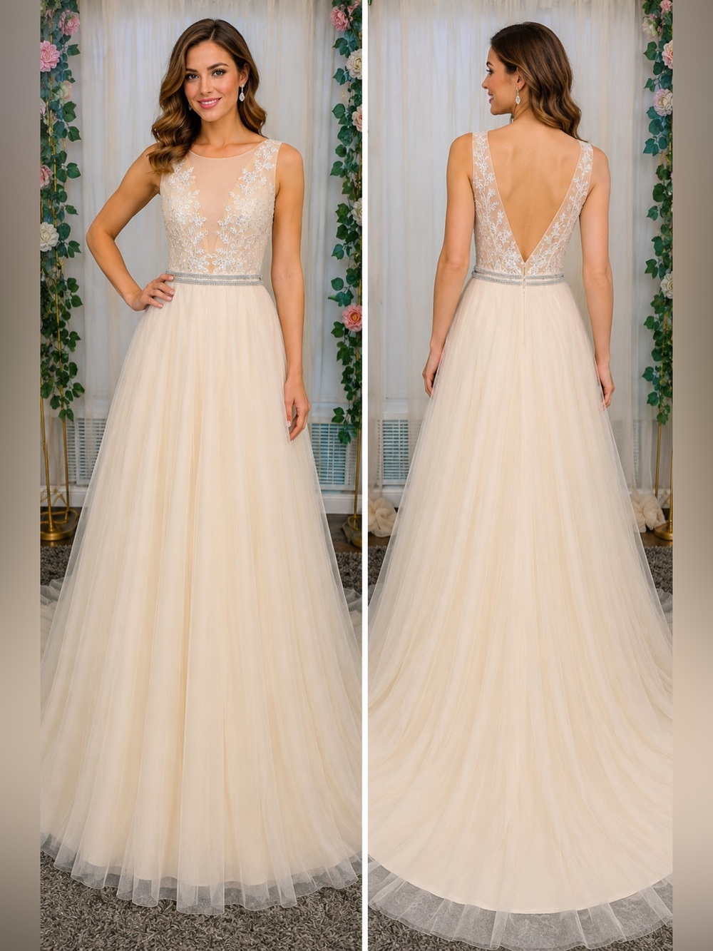 NWT Juliet’s Bridal Champagne Lace Tulle A-Line Wedding Gown Size 6